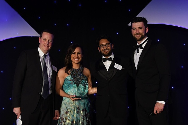 (Left to Right) Tom Gabbert of mAccounting presented the Best New Tech Product award to Anurag Garg of DATTUS with Lauren Petersen and Mike Langellier of TechPoint.