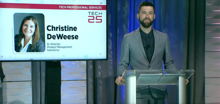 TechPoint CEO Mike Langellier recognizes Christine DeWeese during the virtual Tech 25 Awards.