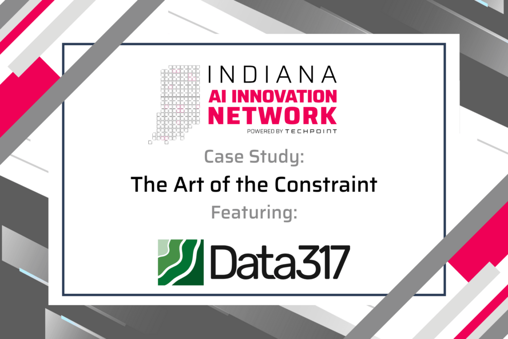 Header graphic for the Indiana AI Innovation Network case study series, featuring TechPoint branding with pink, gray, and white geometric accents and the Indiana state outline made of digital squares.