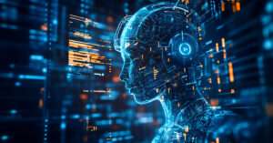 Digital illustration of a humanoid artificial intelligence profile, glowing in blue and orange circuitry, representing data processing and advanced technology.