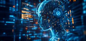 Digital illustration of a humanoid artificial intelligence profile, glowing in blue and orange circuitry, representing data processing and advanced technology.