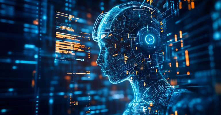 Digital illustration of a humanoid artificial intelligence profile, glowing in blue and orange circuitry, representing data processing and advanced technology.