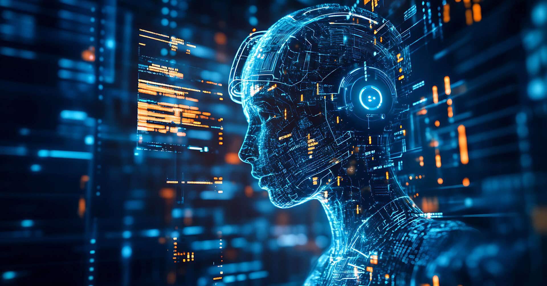 Digital illustration of a humanoid artificial intelligence profile, glowing in blue and orange circuitry, representing data processing and advanced technology.