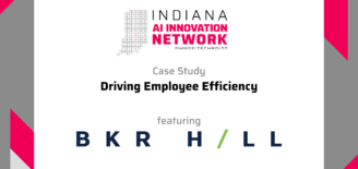 Graphic for the Indiana AI Innovation Network case study titled “Driving Employee Efficiency,” featuring the Baker Hill logo. The design includes the TechPoint and Indiana AI Innovation Network branding with pink, gray, and white geometric accents.