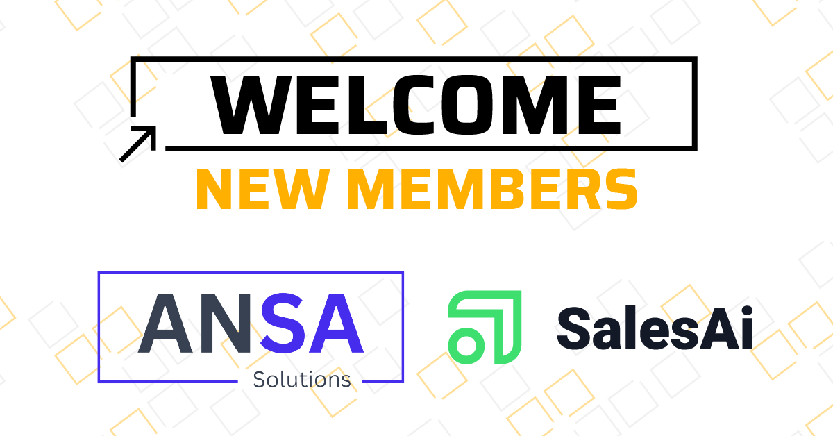 Graphic announcing new TechPoint members ANSA Solutions and SalesAi. The design features bold text that reads ‘Welcome New Members’ above the company logos, with ANSA Solutions in blue and SalesAi in green and black.