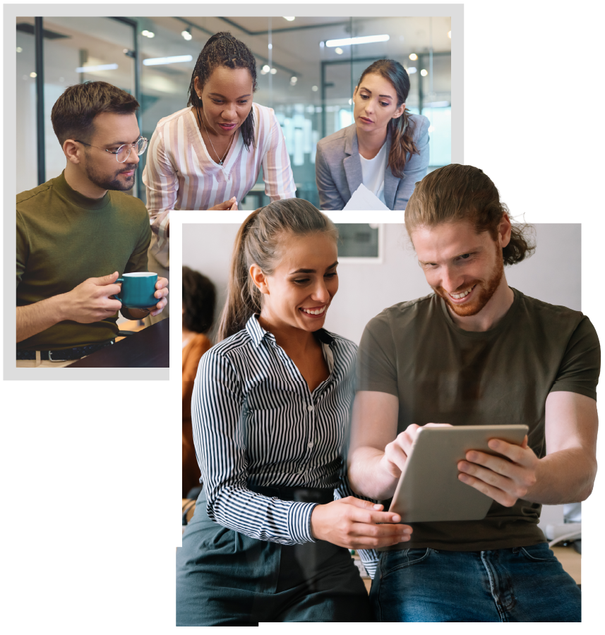 Two photos showing people collaborating in an office. In one, three colleagues review documents together at a meeting table. In the other, a man and woman smile while looking at a tablet, suggesting teamwork and learning in a modern workplace setting.
