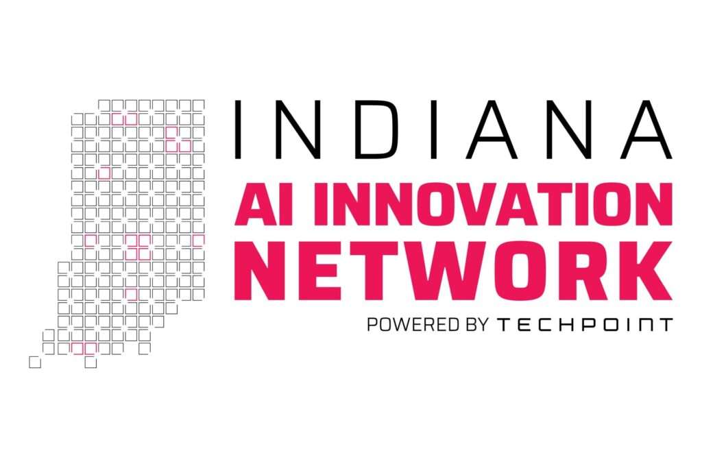 Logo for the Indiana AI Innovation Network, featuring a grid-style outline of the state of Indiana with select squares highlighted in pink, alongside bold pink text reading “AI Innovation Network” above “Powered by TechPoint.”