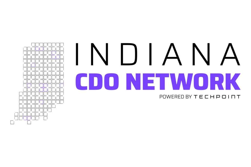 Logo for the Indiana CDO Network, showing a grid-based outline of Indiana with scattered purple accent squares, paired with bold purple text reading “CDO Network” and the tagline “Powered by TechPoint.”