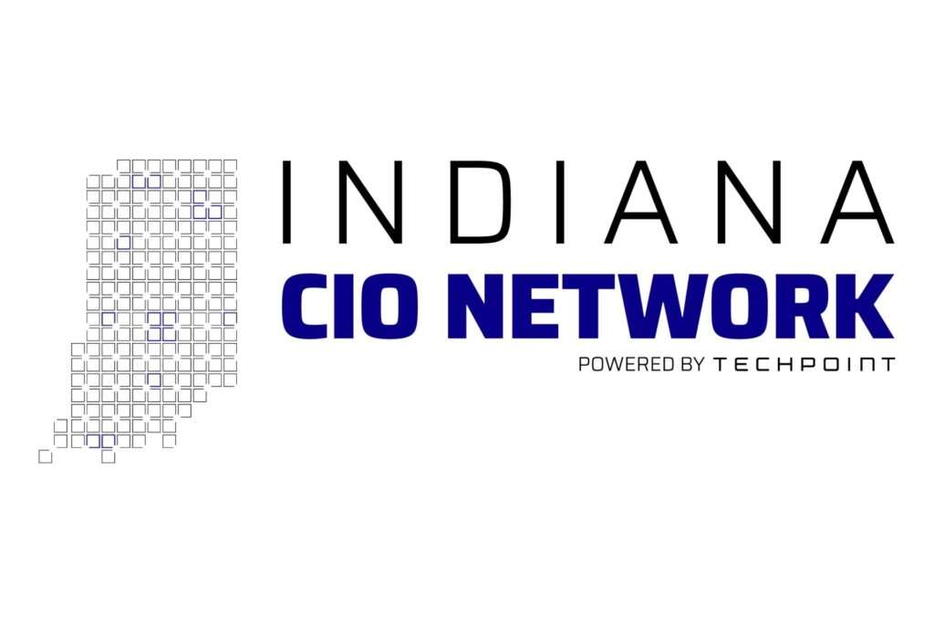 Logo for the Indiana CIO Network, displaying a grid-pattern outline of the Indiana map with blue accent squares, next to bold blue text reading “CIO Network” above “Powered by TechPoint.”