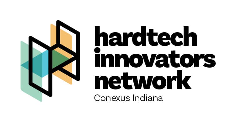 Logo for the Hardtech Innovators Network, an initiative of Conexus Indiana. The logo features an abstract geometric “H” design in teal, gold, and green with bold black text reading “hardtech innovators network” and smaller text “Conexus Indiana.”