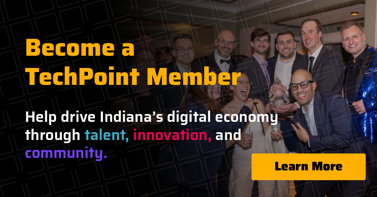 A group of TechPoint community members dressed in formal attire smile and celebrate together at an event, with overlaid text reading ‘Become a TechPoint Member’ and a button labeled ‘Learn More.’