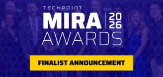 A purple TechPoint Mira Awards banner with the text “Mira Awards 2026 – Finalist Announcement” overlaying a group photo of past attendees.