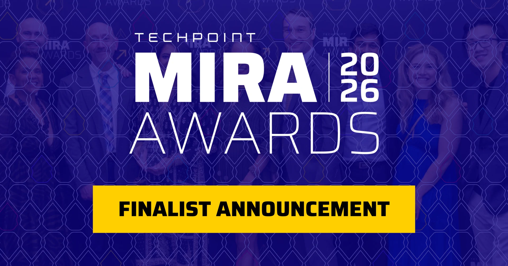 A purple TechPoint Mira Awards banner with the text “Mira Awards 2026 – Finalist Announcement” overlaying a group photo of past attendees.