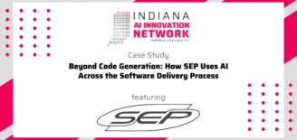 Indiana AI Innovation Network case study graphic highlighting SEP, titled “Beyond Code Generation: How SEP Uses AI Across the Software Delivery Process,” with network branding and the SEP logo.