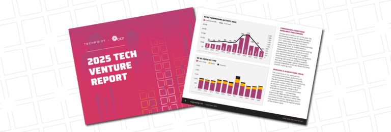 Cover and interior spread of TechPoint’s 2025 Tech Venture Report featuring data charts on venture capital activity.