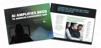 Cover and interior spread of TechPoint’s report titled “AI Amplifies Need to Address Experience Gap,” featuring workforce and AI learning visuals.