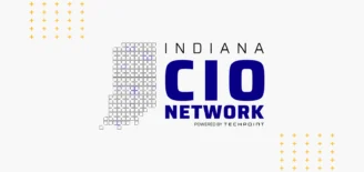 A white graphic displaying the Indiana CIO Network logo, featuring a stylized outline of the state of Indiana made of small squares and the text “Indiana CIO Network, powered by TechPoint,” with yellow plus-sign design accents.