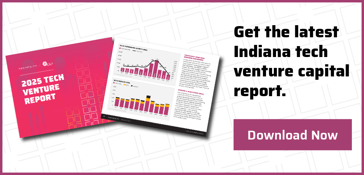 A digital guide cover shows a chart with numbers and figures. Text reads 'Get the latest Indiana tech venture capital report' with a button below it that says 'Download Now.'