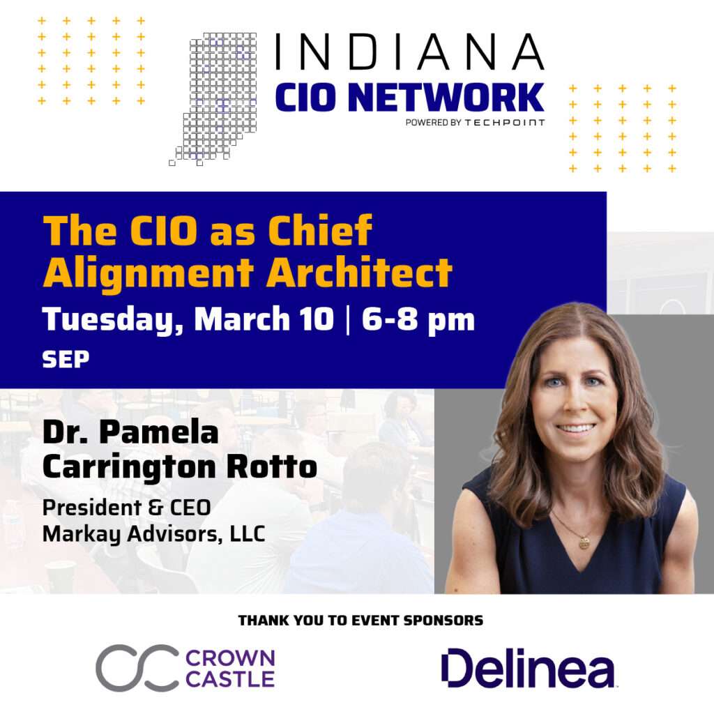 Promotional graphic for the Indiana CIO Network March Dinner, scheduled for Tuesday, March 10 from 6–8 pm at SEP. The event features Dr. Pamela Carrington Rotto, President & CEO of Markay Advisors, LLC, speaking on “Leadership in IT.” Event sponsors include Crown Castle and Delinea.