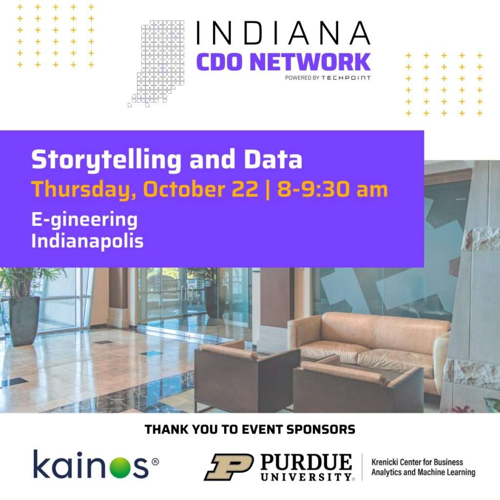 Promotional graphic for an Indiana CDO Network event powered by TechPoint. The design features the Indiana CDO Network logo at top, a photo of a modern office lobby, and a purple banner with event details: “Storytelling and Data,” Thursday, October 22, 8–9:30 am, at E-gineering in Indianapolis. Bottom text reads “Thank You to Event Sponsors” with logos for Kainos and Purdue University’s Krenicki Center for Business Analytics and Machine Learning.