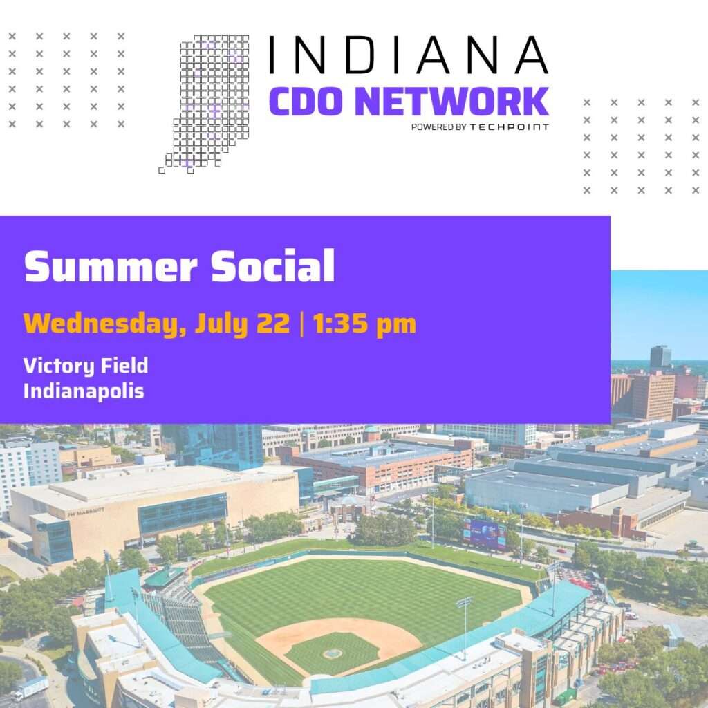 Graphic promoting the Indiana CDO Network Summer Social on Wednesday, July 22 at 1:35 pm at Victory Field in Indianapolis, featuring an aerial view of the ballpark.