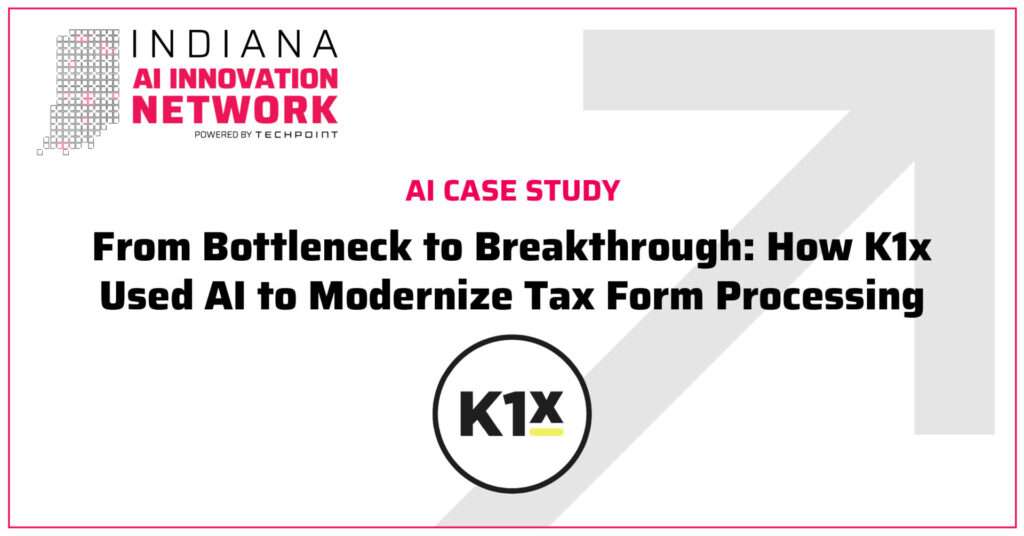 Indiana AI Innovation Network case study graphic titled “From Bottleneck to Breakthrough: How K1x Used AI to Modernize Tax Form Processing,” featuring the K1x logo.