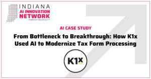 Indiana AI Innovation Network case study graphic titled “From Bottleneck to Breakthrough: How K1x Used AI to Modernize Tax Form Processing,” featuring the K1x logo.