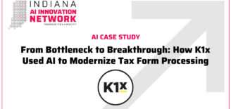 Indiana AI Innovation Network case study graphic titled “From Bottleneck to Breakthrough: How K1x Used AI to Modernize Tax Form Processing,” featuring the K1x logo.