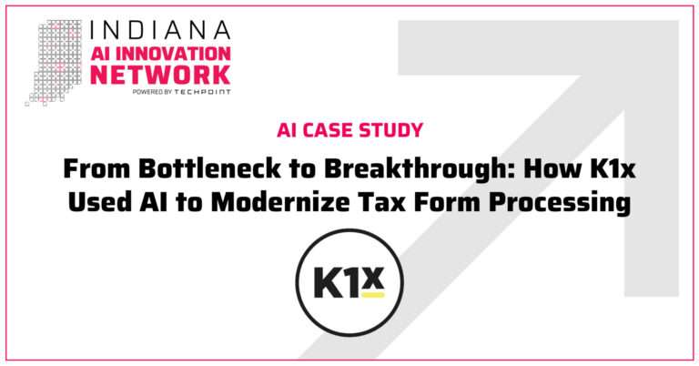 Indiana AI Innovation Network case study graphic titled “From Bottleneck to Breakthrough: How K1x Used AI to Modernize Tax Form Processing,” featuring the K1x logo.