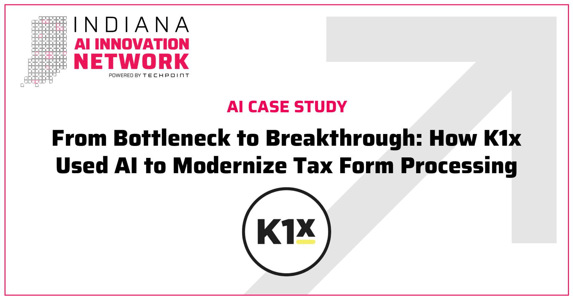 Indiana AI Innovation Network case study graphic titled “From Bottleneck to Breakthrough: How K1x Used AI to Modernize Tax Form Processing,” featuring the K1x logo.