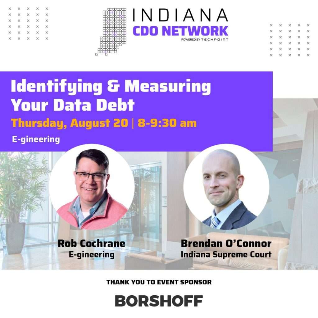 Graphic promoting the Indiana CDO Network event “Identifying & Measuring Your Data Debt,” featuring speakers Rob Cochrane of E-gineering and Brendan O’Connor of the Indiana Supreme Court. The event takes place Thursday, August 20, from 8–9:30 am at E-gineering, sponsored by Borshoff.