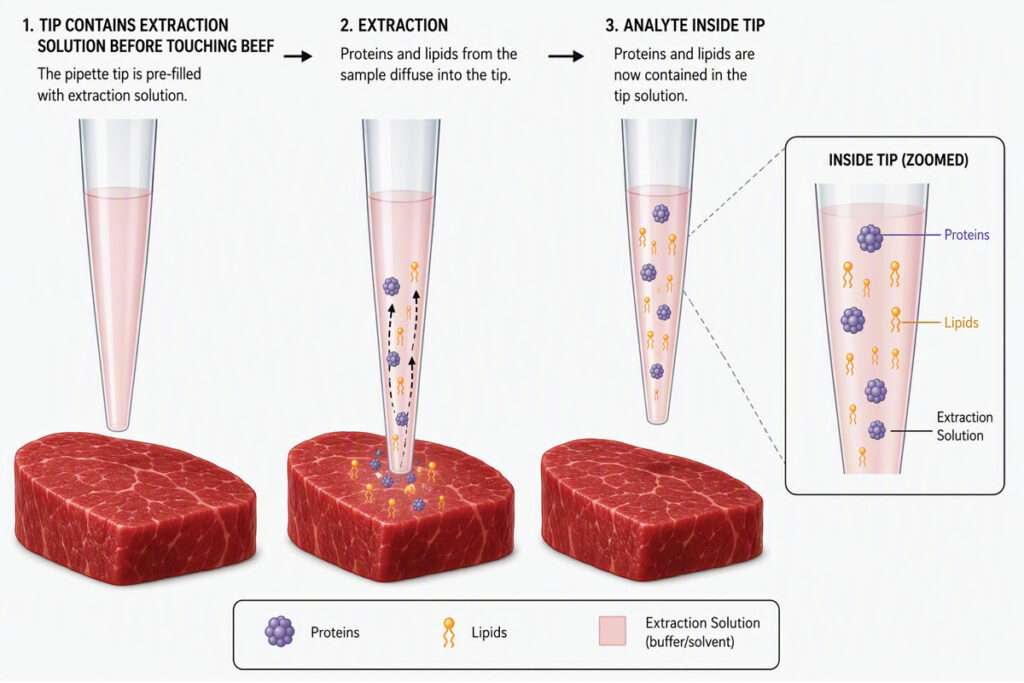 Three illustrations of a pipette tip with a food sample and zoomed image of the pipette tip's contents.