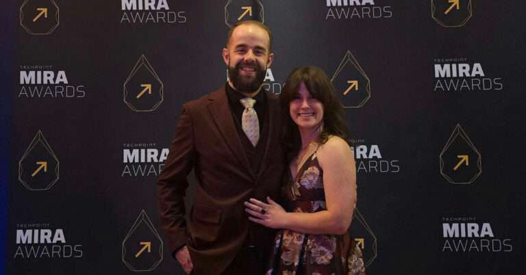 Crowfly founders Nickolai Christiansen and Jacqui Peterschmidt pose for a photo at the 2026 Mira Awards.