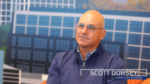 Scott Dorsey, 2027 honorary chair of the TechPoint Mira Awards, speaks during an interview with his name and title displayed on screen.